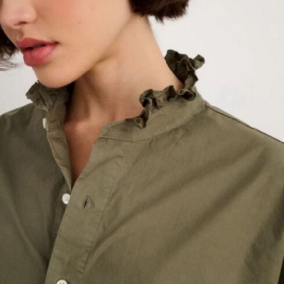 ALEX MILL Easy Ruffle Cotton Poplin Shirt, Dusty Olive, Size M, Spring - Picture 5 of 15